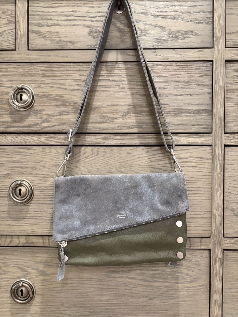 Hammitt Dillon Convertable Crossbody, Women’s Gray & Olive Medium Fold-Over Bag